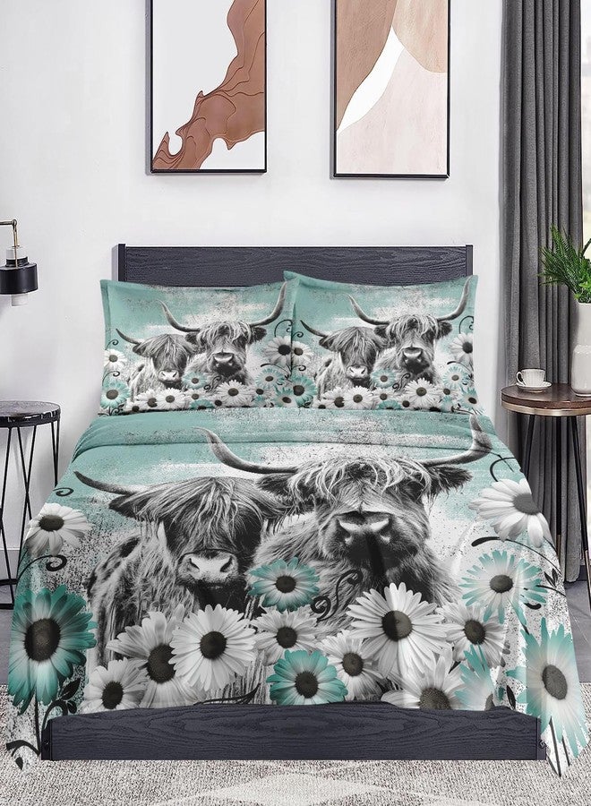 WeCozy 4 Pieces Full Size Bed Sheet Sets with Pillowcases, Highland Cow Animal Soft Microfiber Bedding for Kids and Adults, Farm Daisy Flat, Fitted Sheet for Bedroom Bed Decor - Image 2